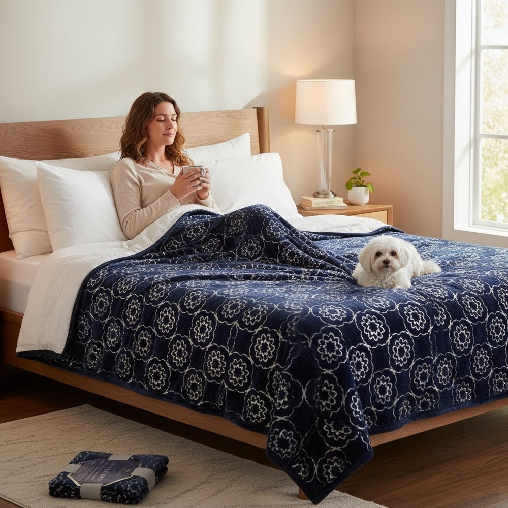 NWT Blue Flannel Casa d’Amore Luxury Textiles, foil printed, super luxurious